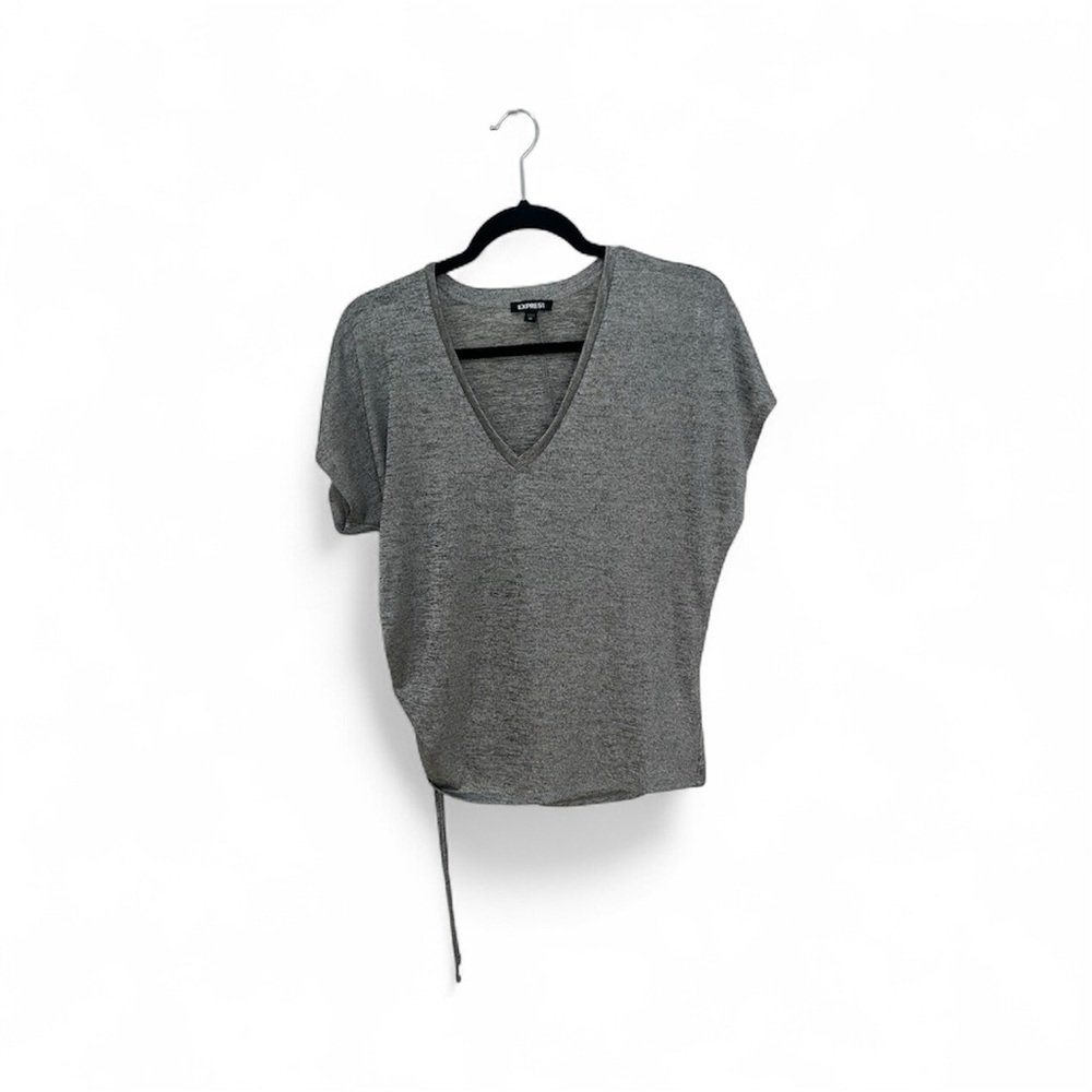 Express Heather Gray/Silver V-Neck Short Sleeve Top